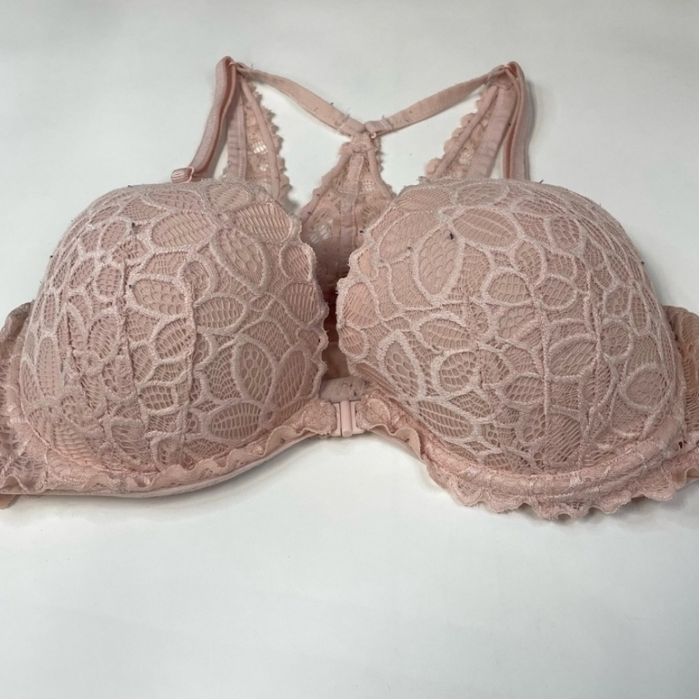 PINK Victorias Secret 34C Lightly Lined Bra Pink Floral Lace Front Close